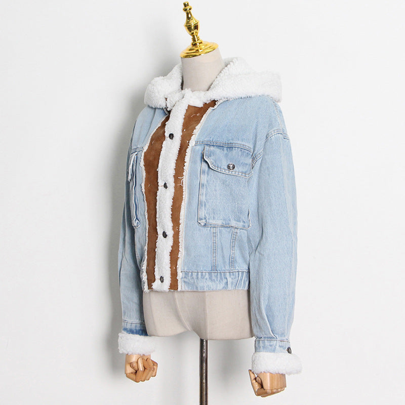 Fashion Designed Lamb Wool with Denim Jacket Coats