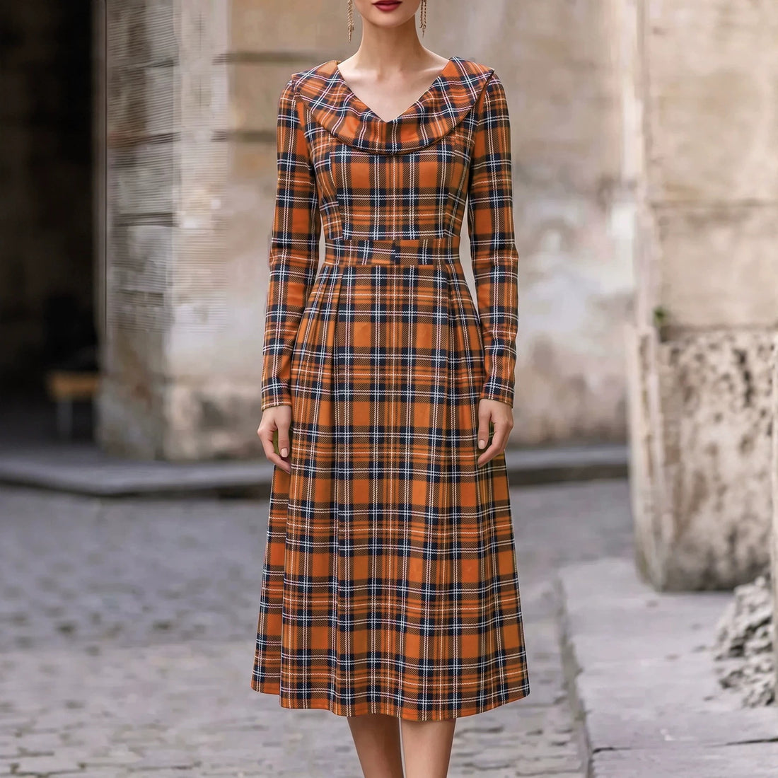Autumn Winter Plaid Print Long Dress for Women