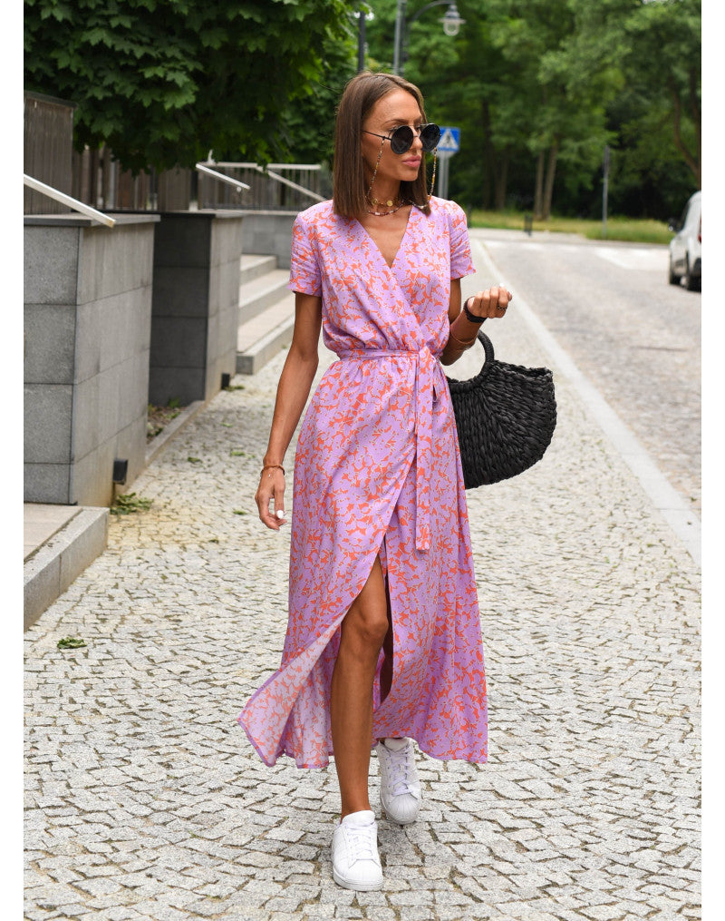 Summer Floral Print V-Neck Split Hem Midi Dress
