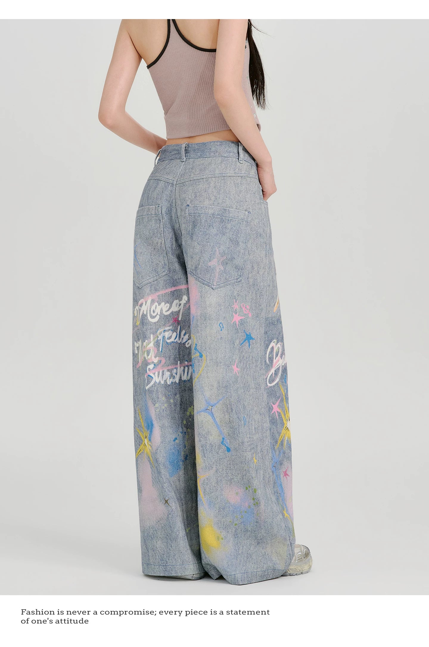 GirlyHao Vintage Tie-Dye Cartoon Print Wide Leg Jeans