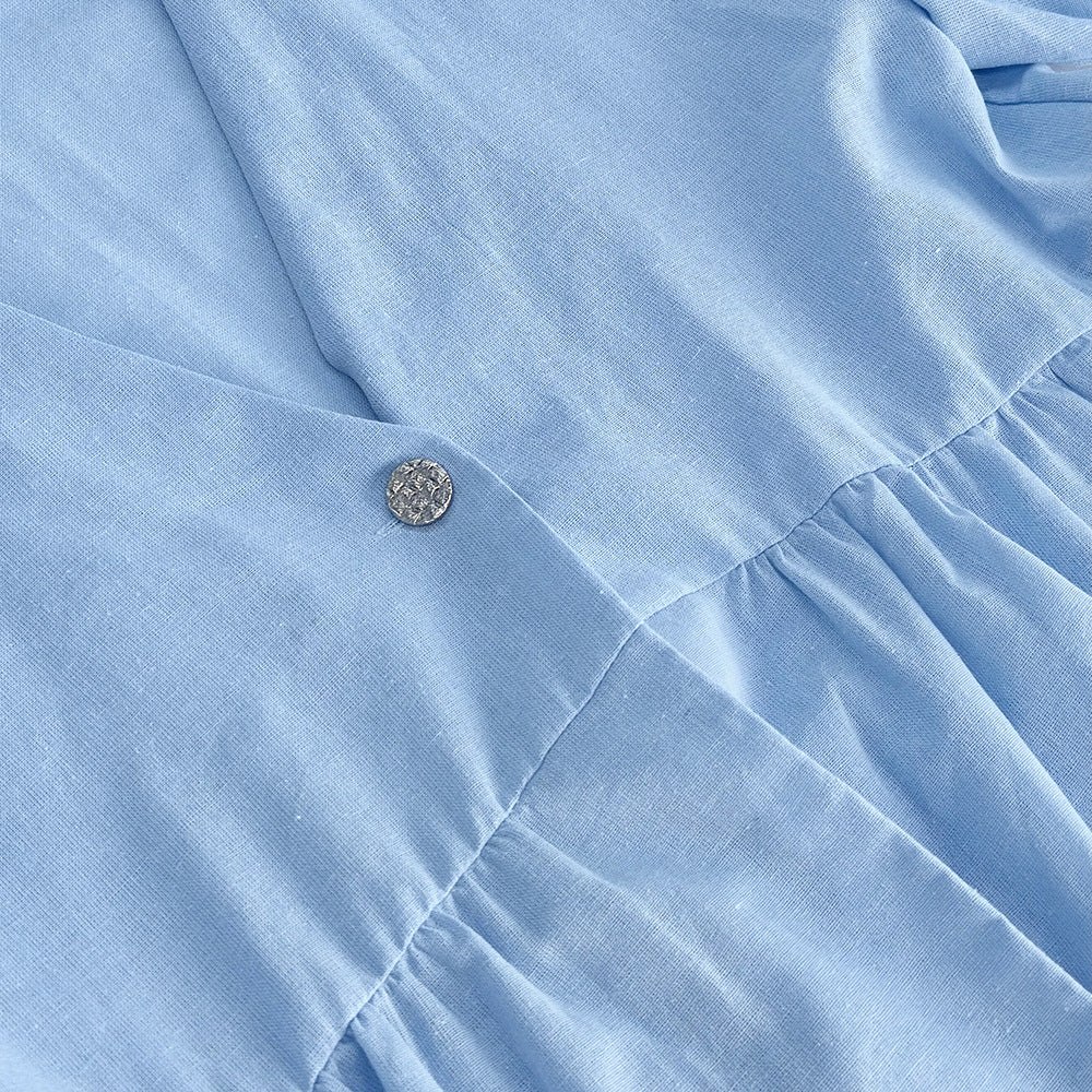 Sweet Solid Color Cotton Set - V-Neck Top & Bubble Sleeve Shorts 2-Piece Outfit