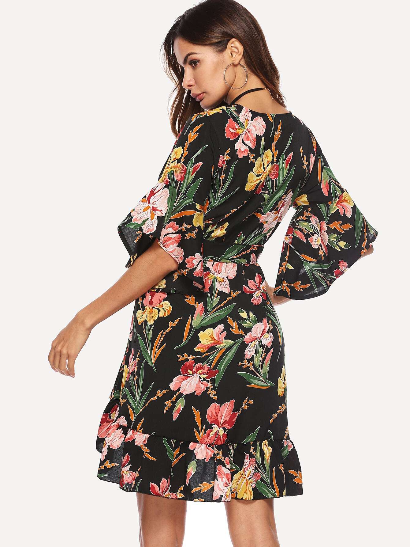 Casual V Neck Floral Print Ruffled Short Daily Dresses