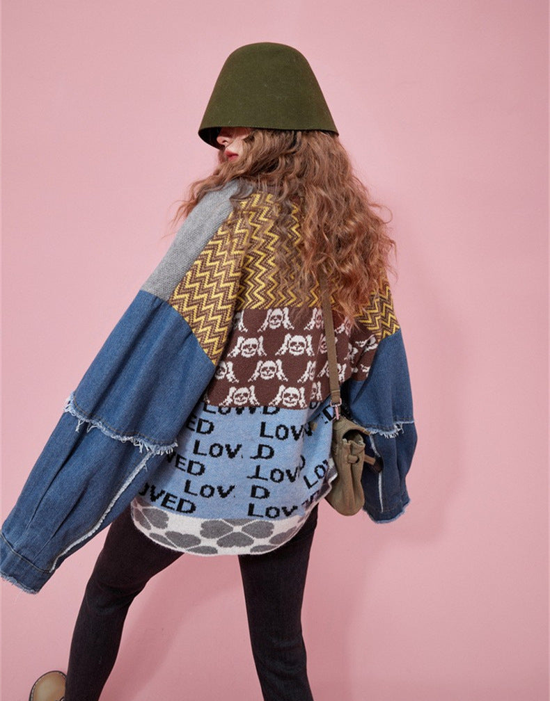 Women's Denim Patchwork Sweater Cardigan