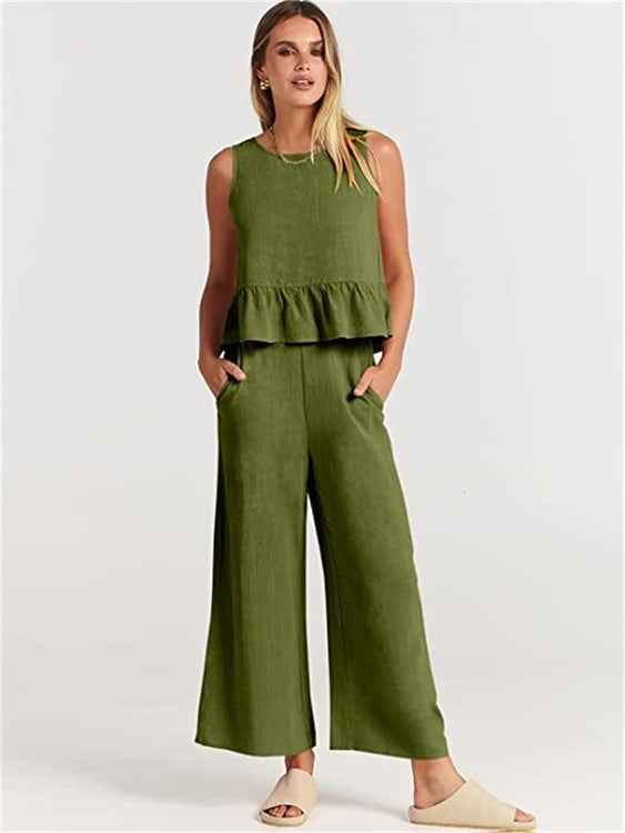Women's Summer Sleeveless Pleated Vest & Wide-Leg Cropped Pants Casual Set