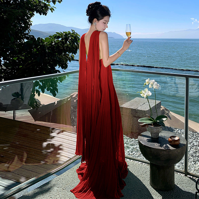 Elegant Neck-Tie Flowy Ruffle Dress – Maxi Pleated Skirt, Resort Vacation & Beach Cover-Up