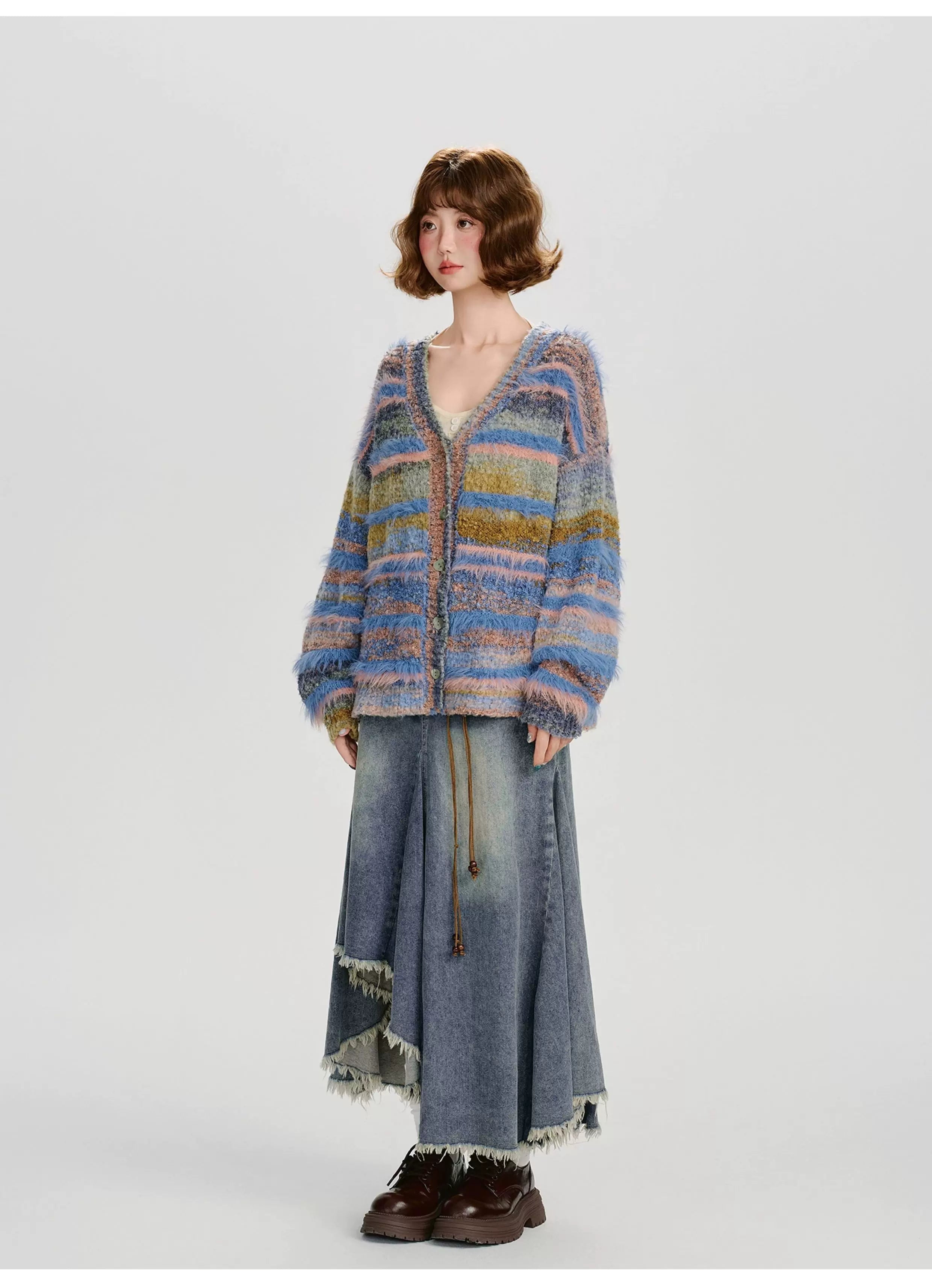 Girlyhalo Vintage Gradient Striped Plush Cardigan