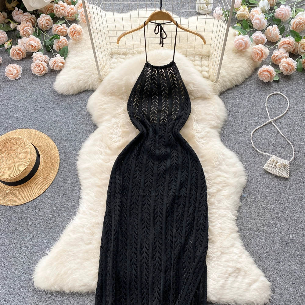 Designed Halter Sleeveless Knitted Sheath Holiday Dresses