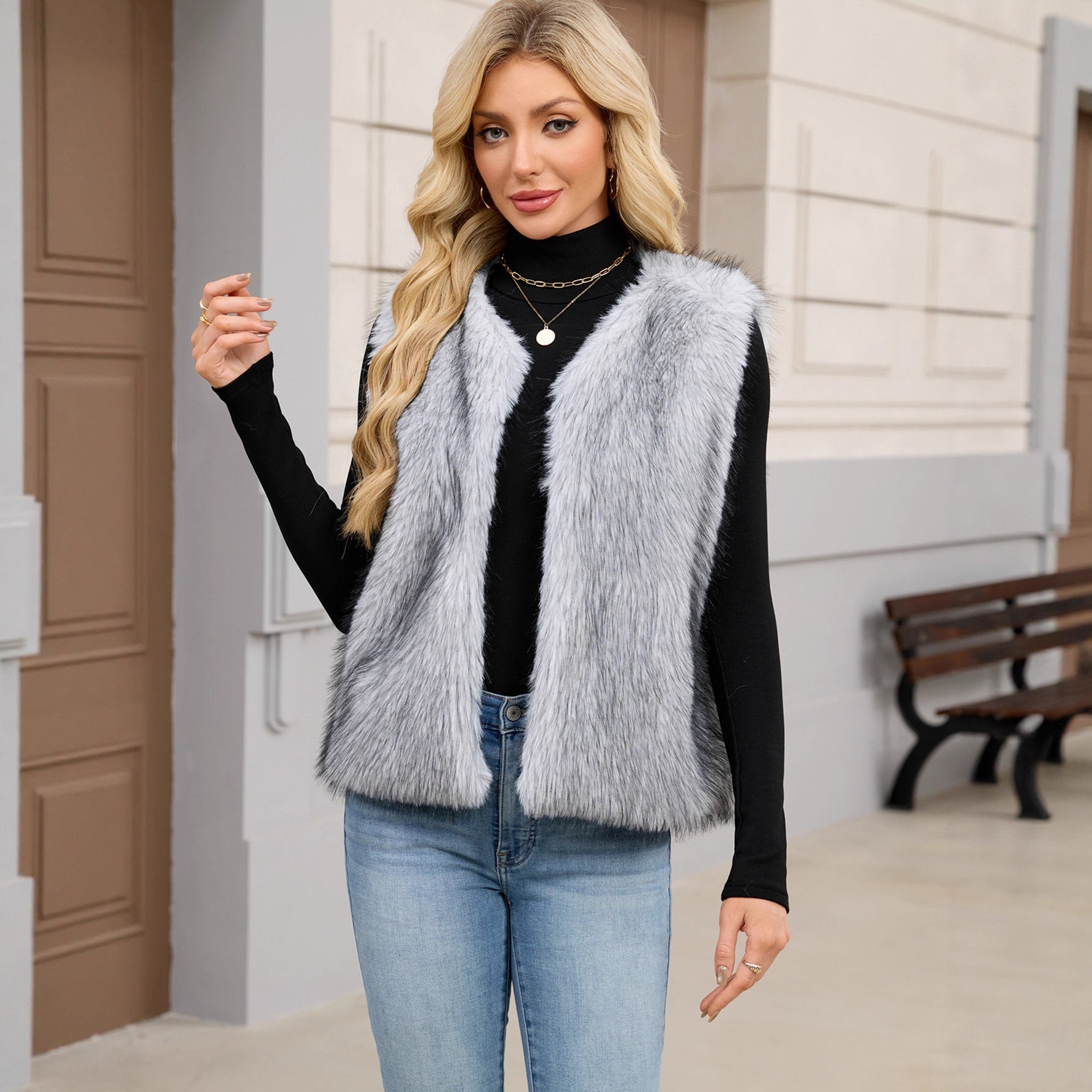 Faux Fur V-Neck Vest Sleeveless Top