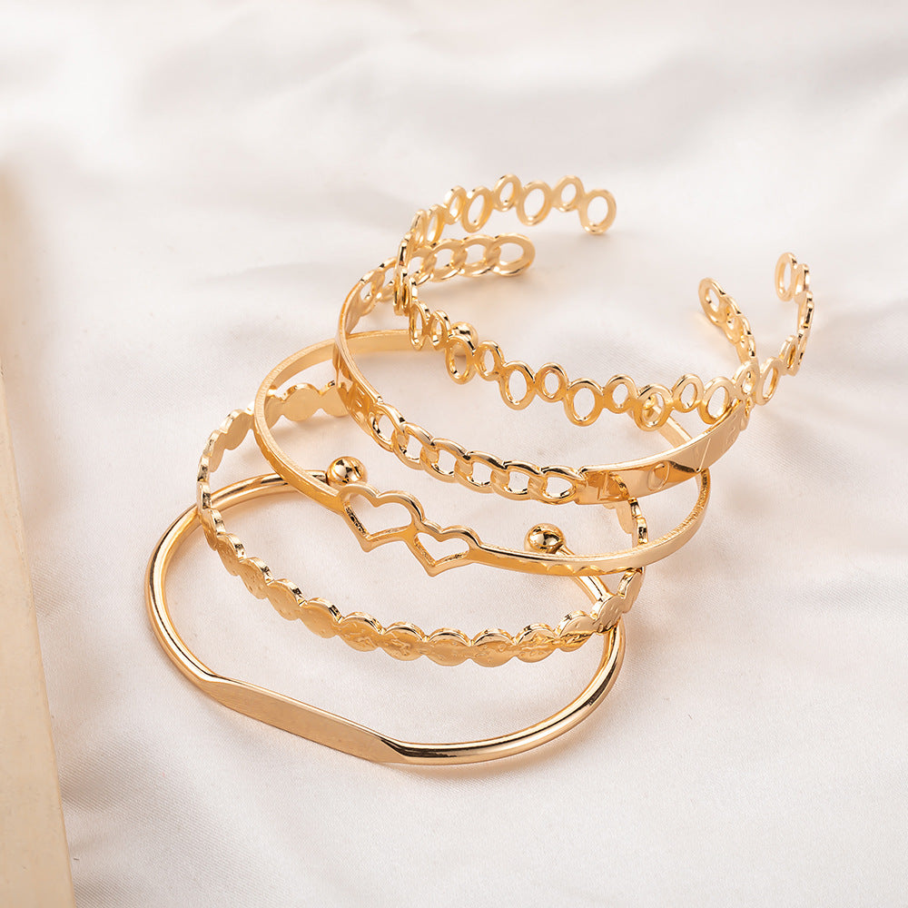 5-Piece Bracelet Set – LOVE Letter Open Bangle & Double Heart Bracelet (Boho Chic Jewelry)