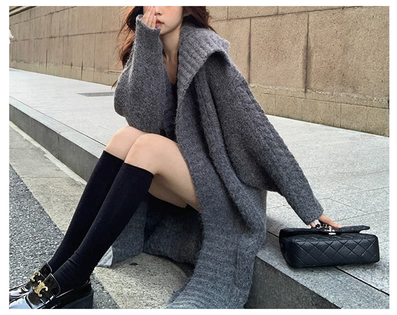 Vintage Turnover Collar Long Knitted Coats