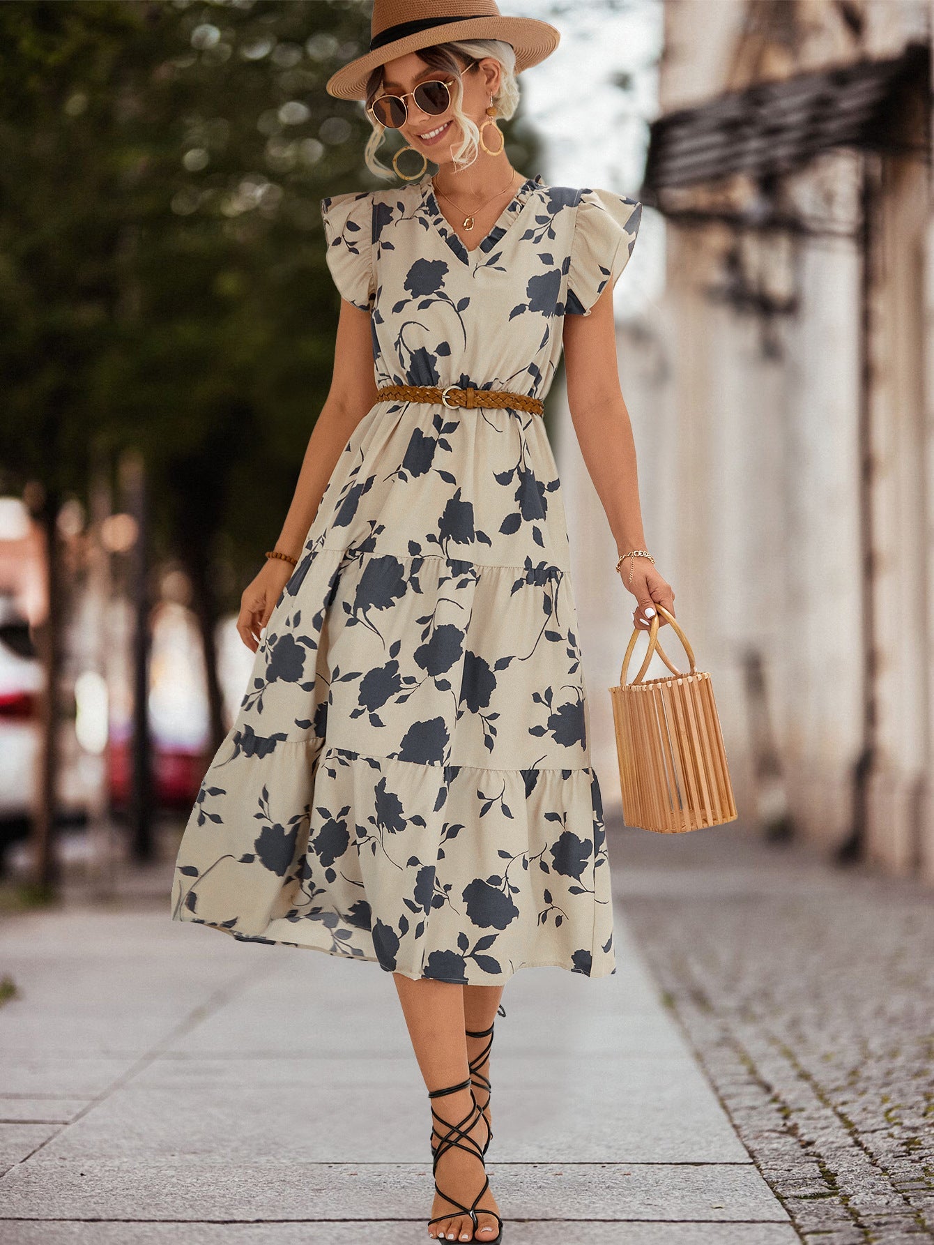 Casual V Neck Floral Print Women Dresses