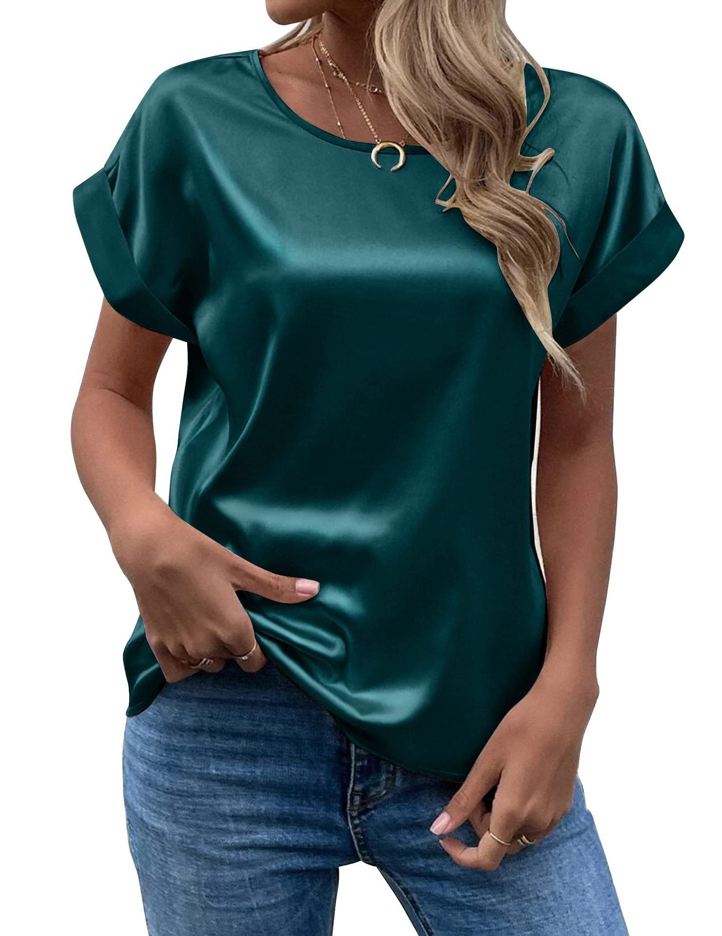 Women's Satin Round-Neck Straight Fit T-Shirt