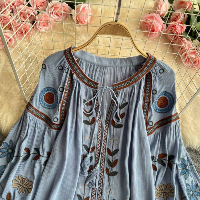 Ethnic Embroidered Tie-Neck Blouse-White-one size-Free Shipping Leatheretro