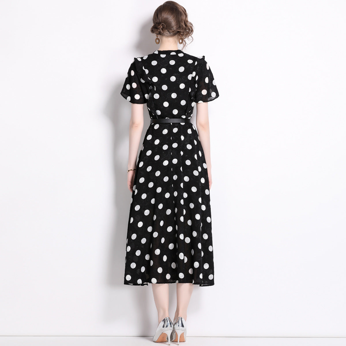 Elegant Polk Dot Short Sleeves Midi Length Dresses