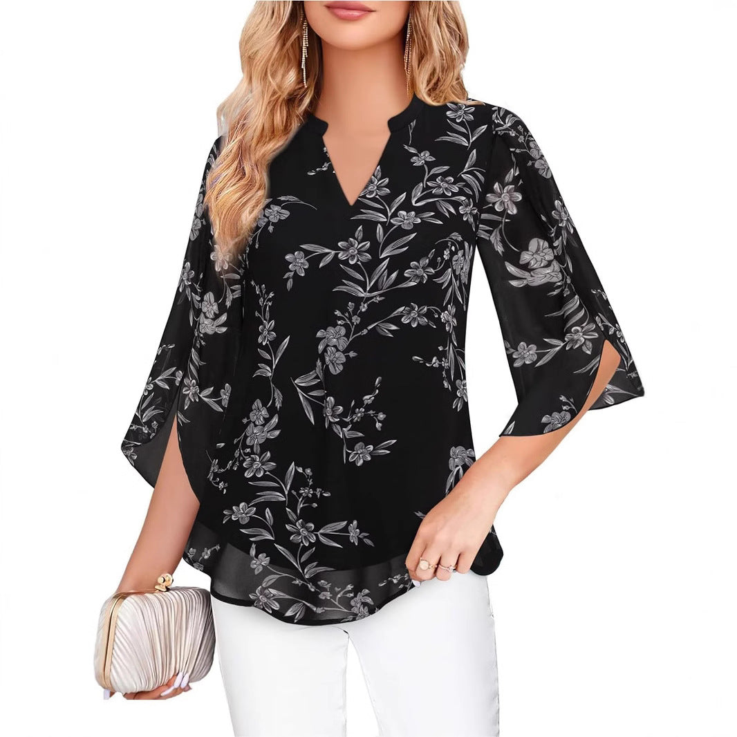 Women's Flowy V-Neck Chiffon Blouse with Petal Sleeves