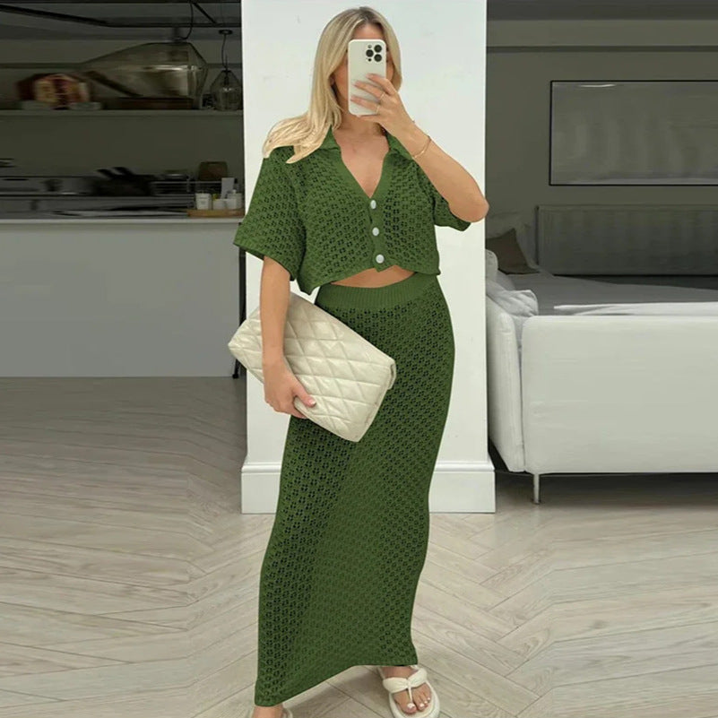 Women's Knit Crochet Lace-Up Cardigan & Skirt Set