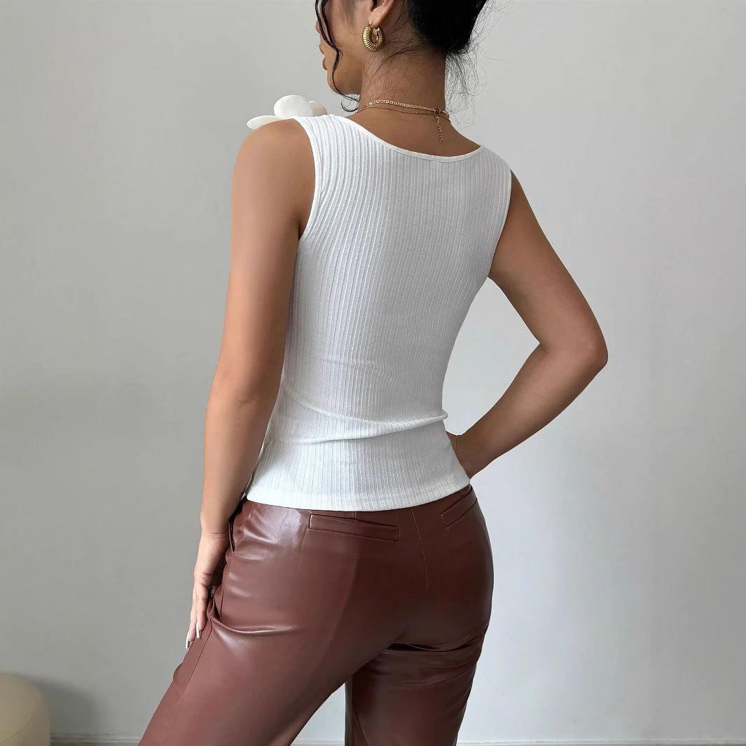 Summer Fashion Elegant Casual 3D Floral Embellished Knit Sleeveless Top