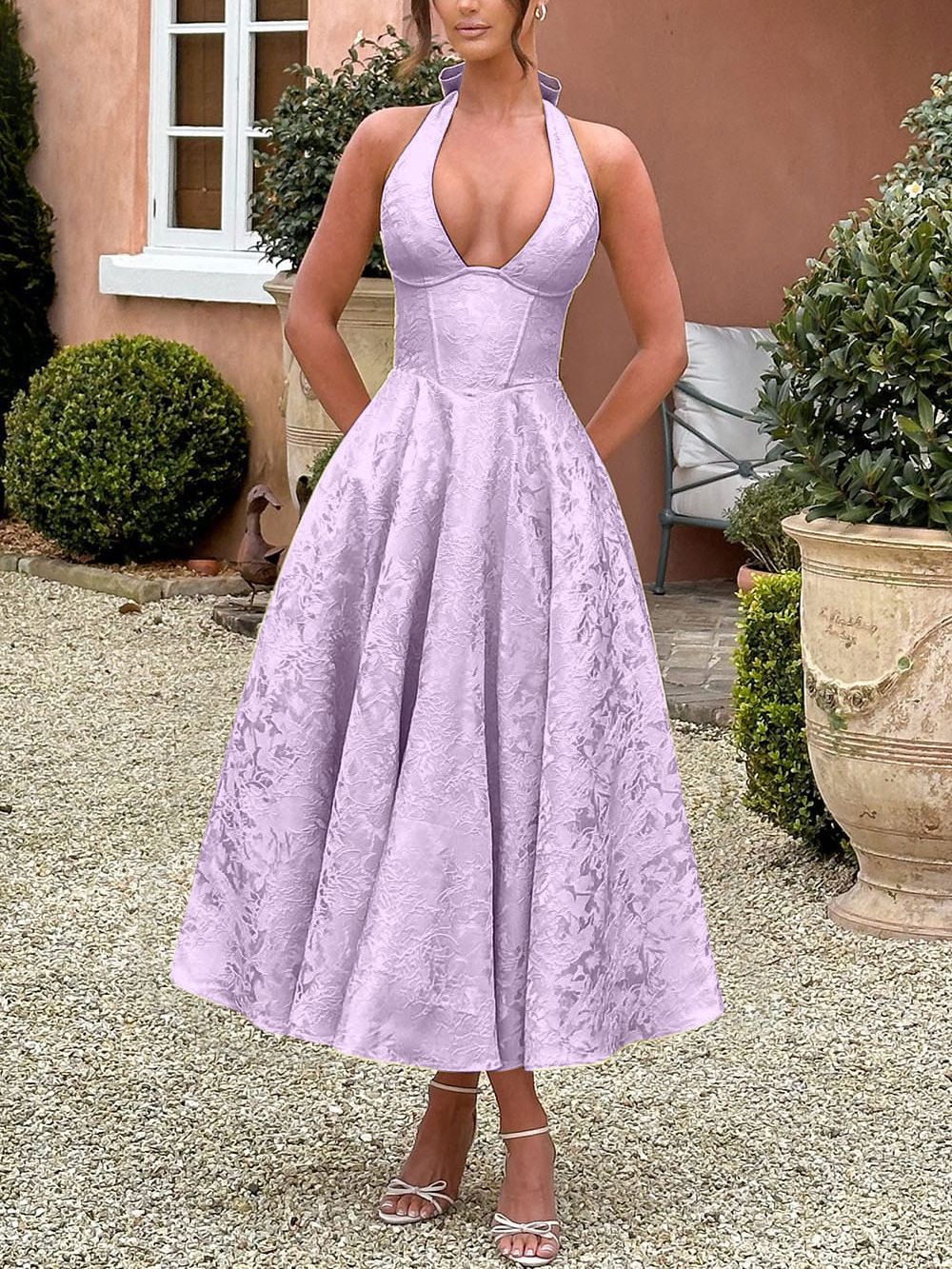 Backless Halter Jacquard Midi Dress