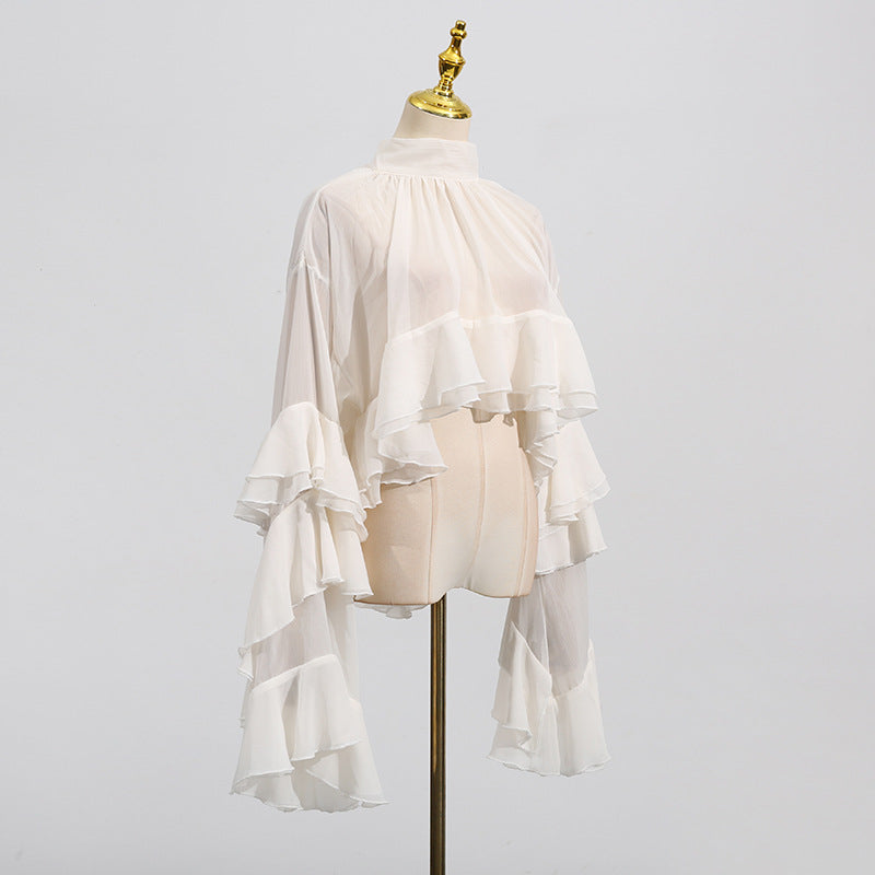 Women's Elegant Mesh Ruffle Long Sleeve Blouse