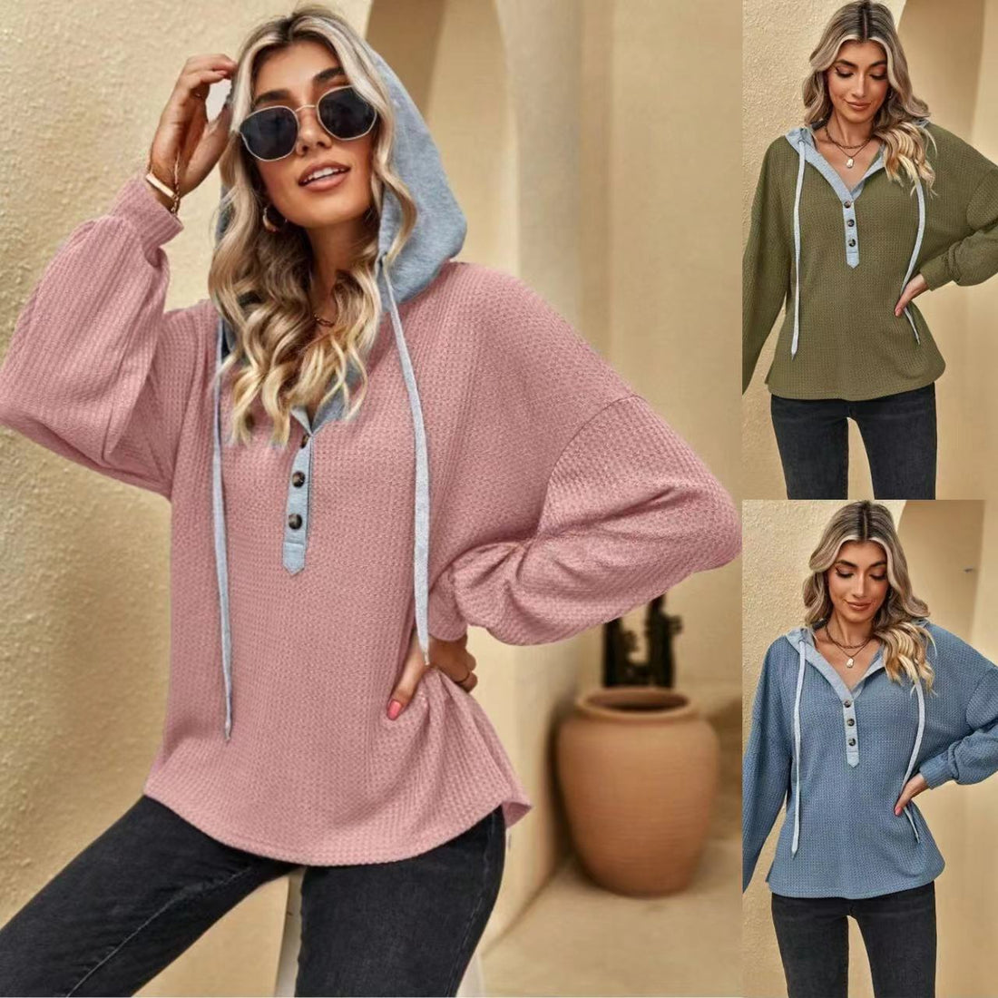 Casual Long Sleeves Button Women Hoodies
