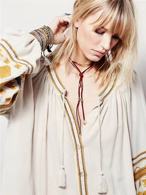 Bohemian Ethnic Embroidered Loose Front Button Dress