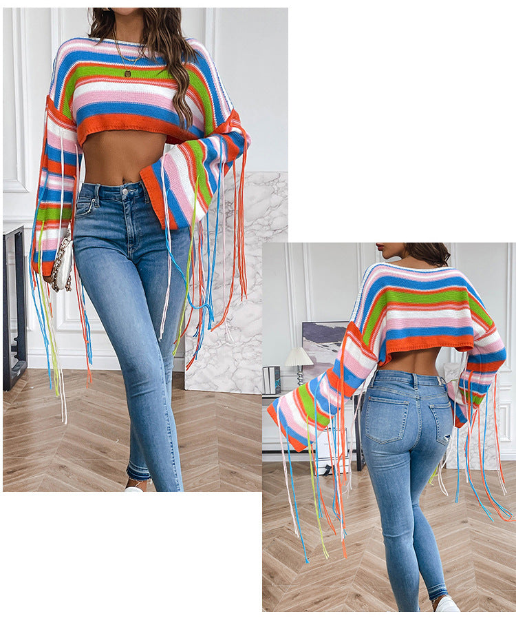 Sexy Rainbow Striped Tassels Short Knitted Blouses