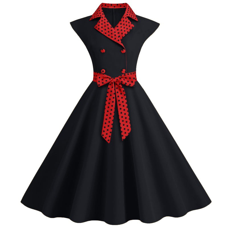 Elegant V-Neck Polka Dot & Solid Color A-Line Dress with Belt for Women