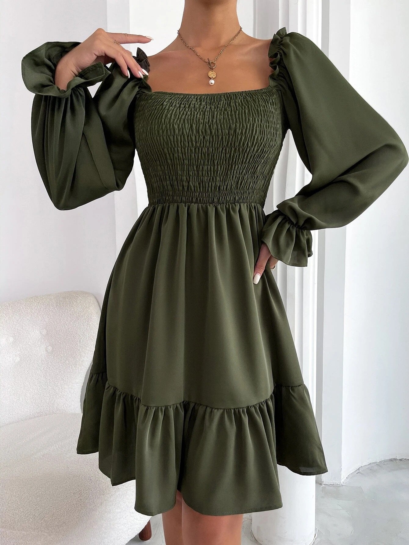 Elegant Square Neckline Long Sleeves Short Dresses