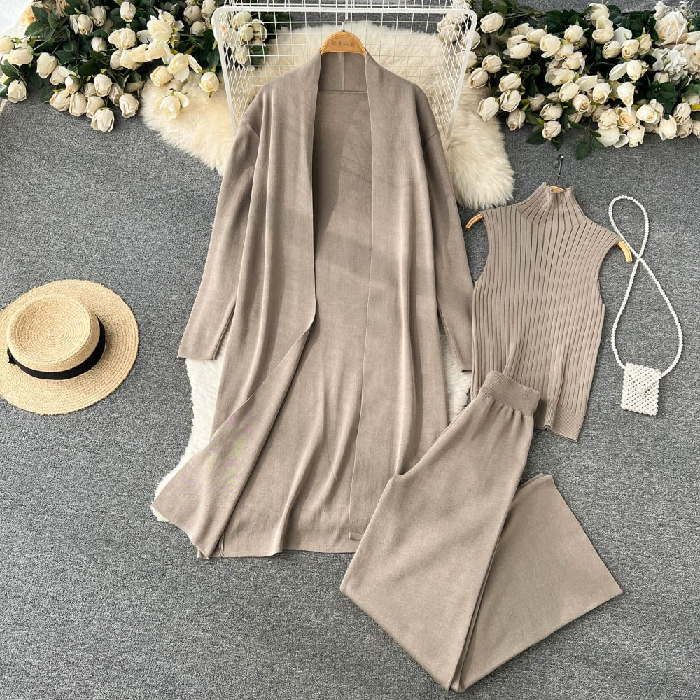 Fashion Fall Knitted 3pcs Cardigan High Neck Sweater Wide Legs Pants