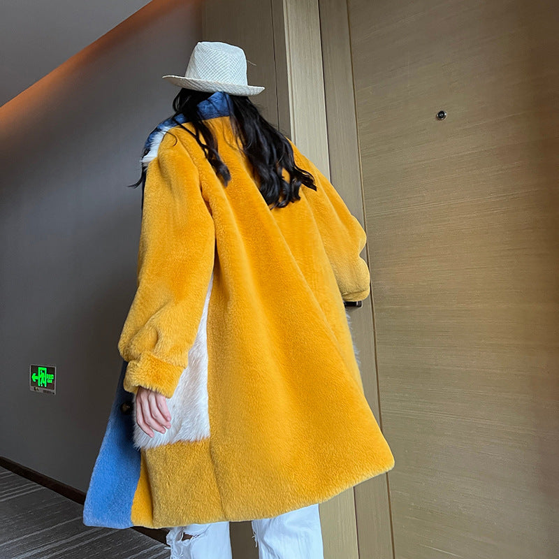 Winter Faux Fur Jacket with Contrast Collar, Oversized Outerwear