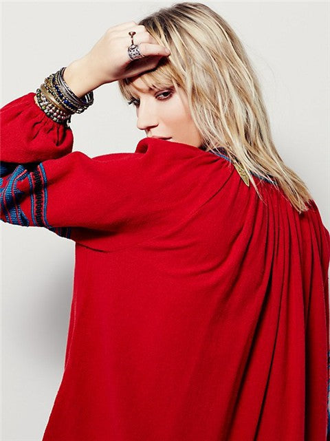 Bohemian Ethnic Embroidered Loose Front Button Dress