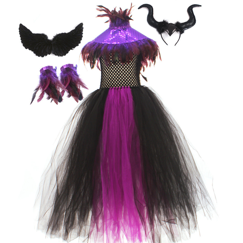 Halloween Glitter Feather Collar Witch Long Dress