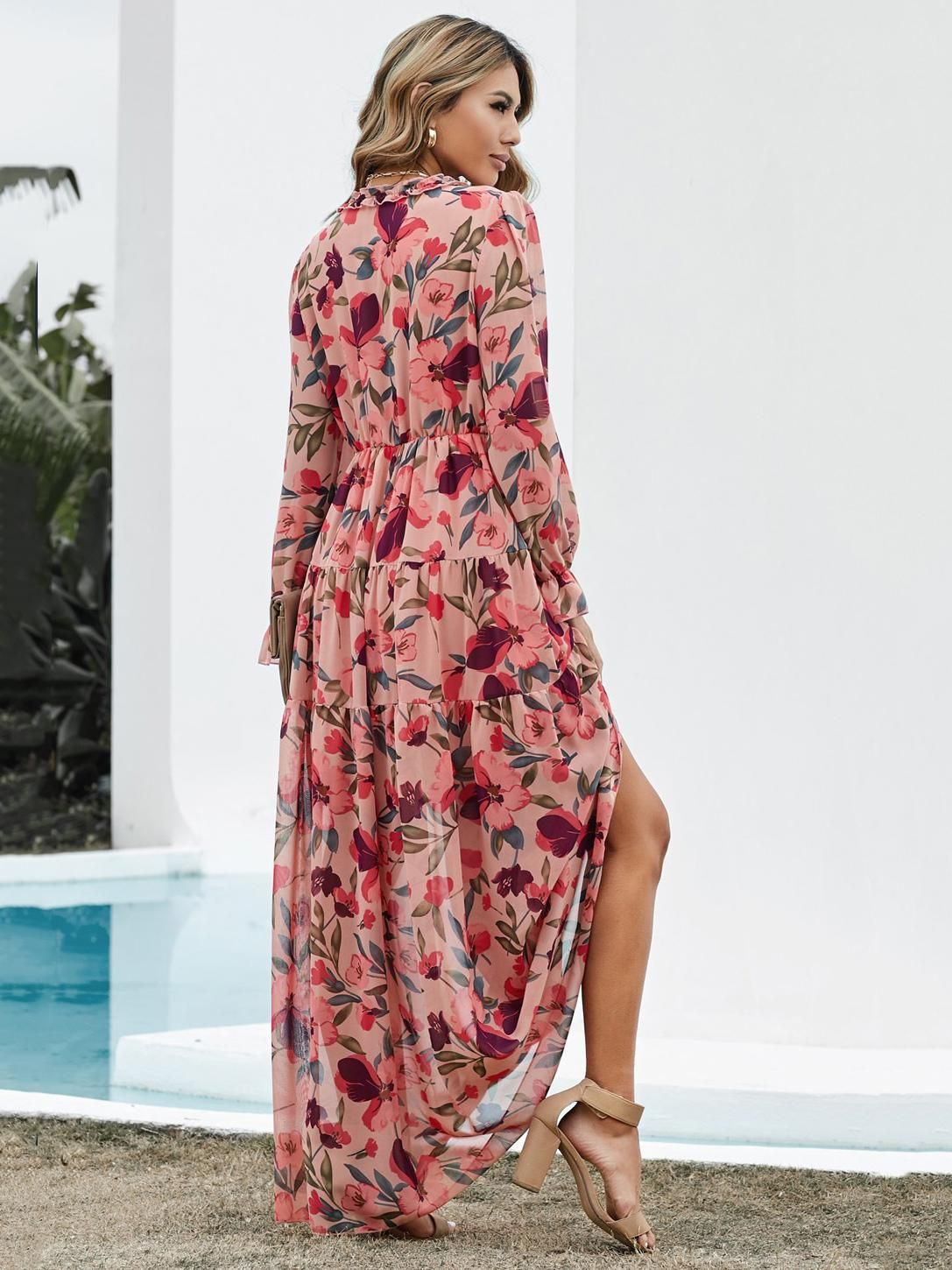 Elegant Long Sleeve Printed Maxi Evening Dress