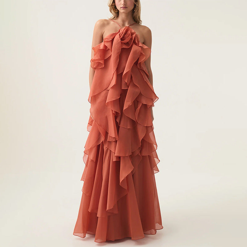 Elegant High-Society Style Dress – Off-Shoulder Backless Maxi Dress with Layered Hem