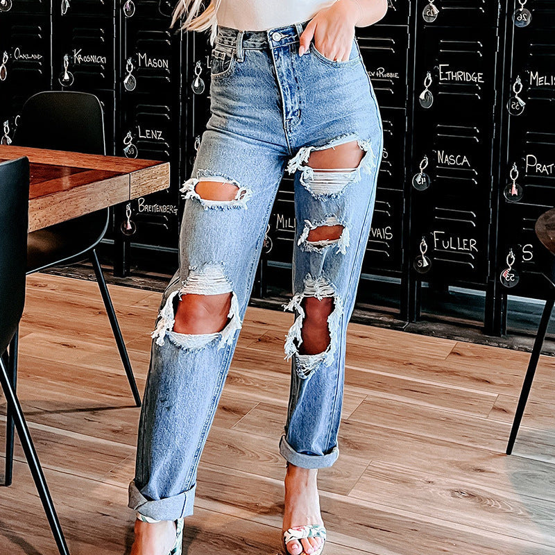 Casual High Waist Broken Holes Jeans for Women