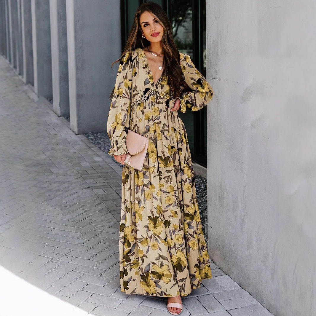 Elegant Long Sleeve Printed Maxi Evening Dress