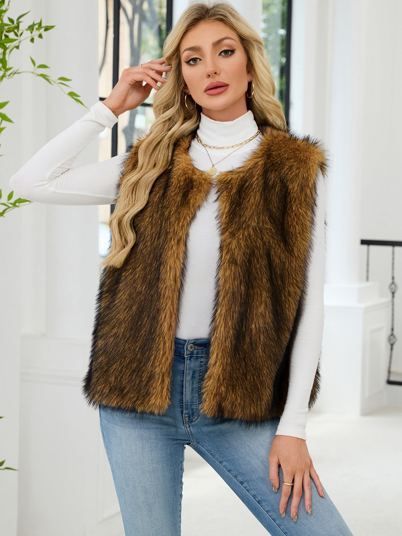 Faux Fur V-Neck Vest Sleeveless Top