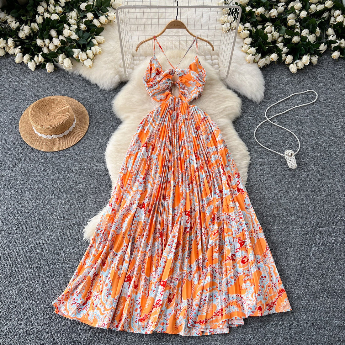 Women’s Summer Sleeveless Hollow-Out Halter Neck High Waist Flowy Printed Maxi Dress