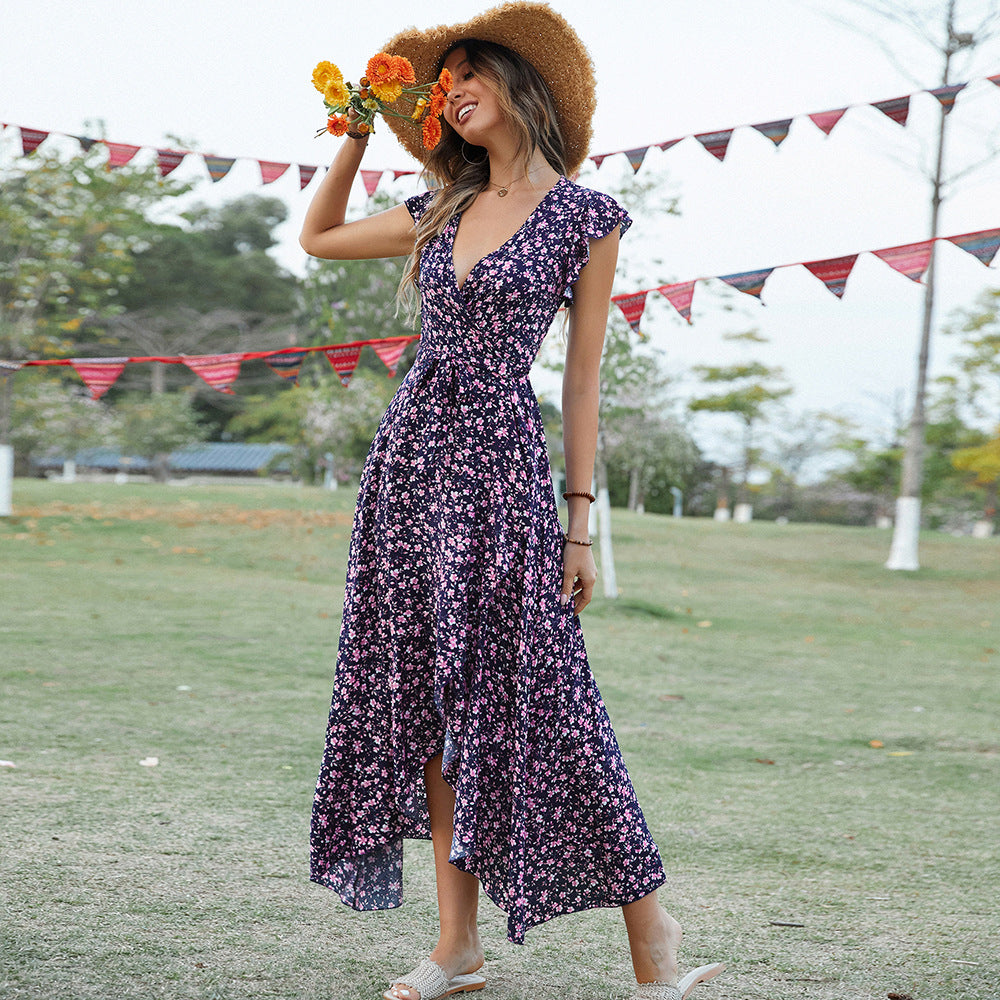 Bohemian V-Neck Tie-Waist Maxi Dress