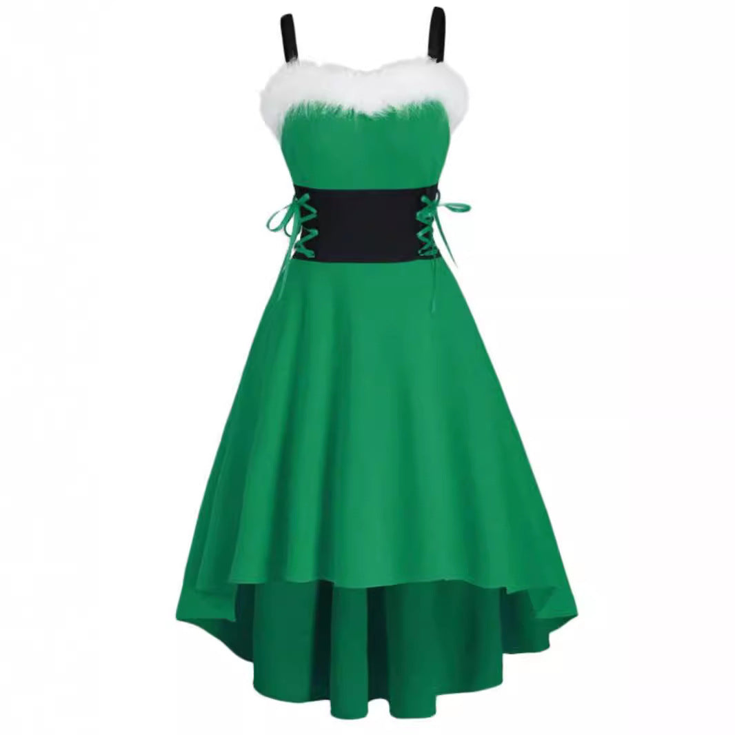 Christmas Party Bunny Outfit - Faux Fur Trim Off-Shoulder Bow Dress