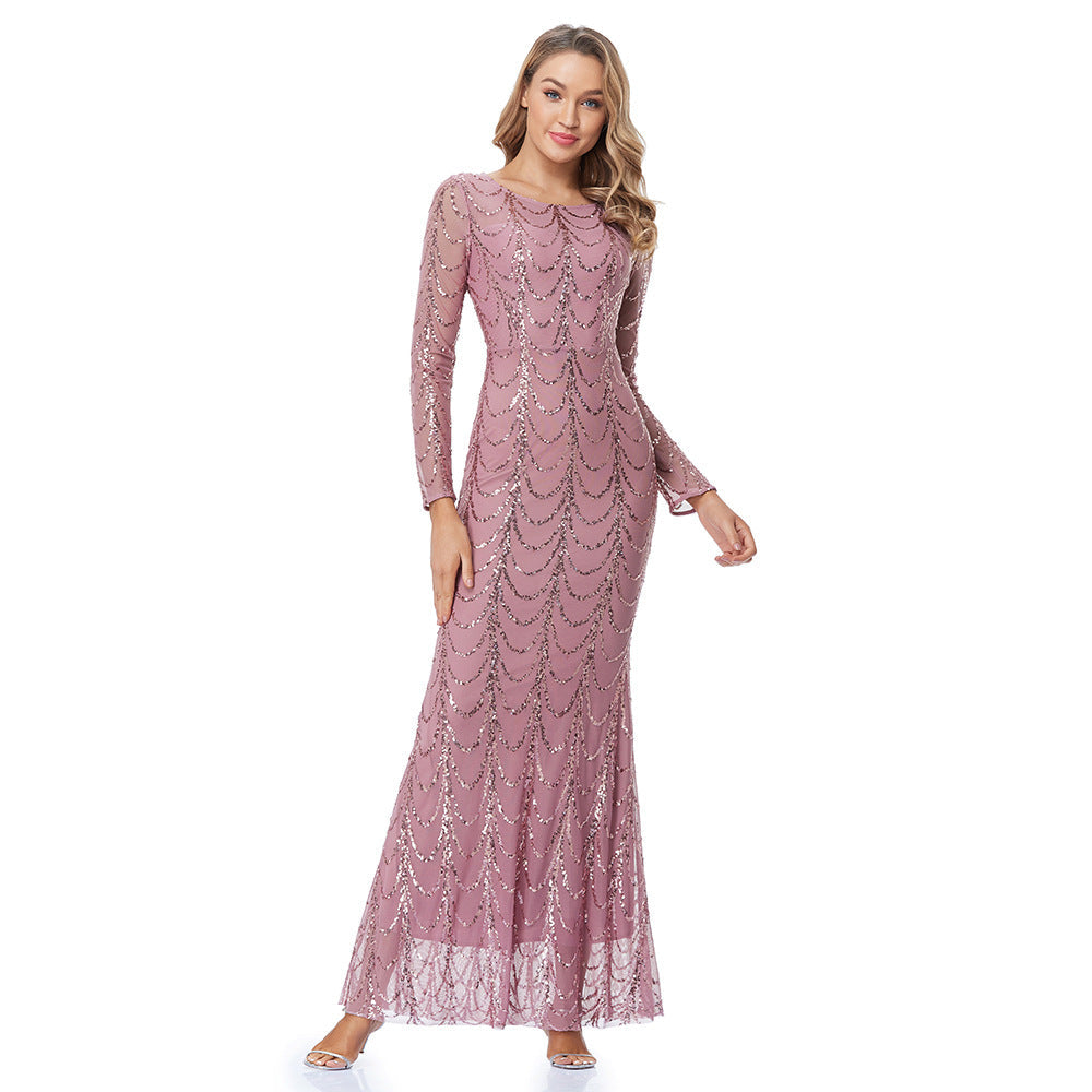 Elegant Mermaid Evening Gown – Sequined Long Sleeve Round Neck Party Dress