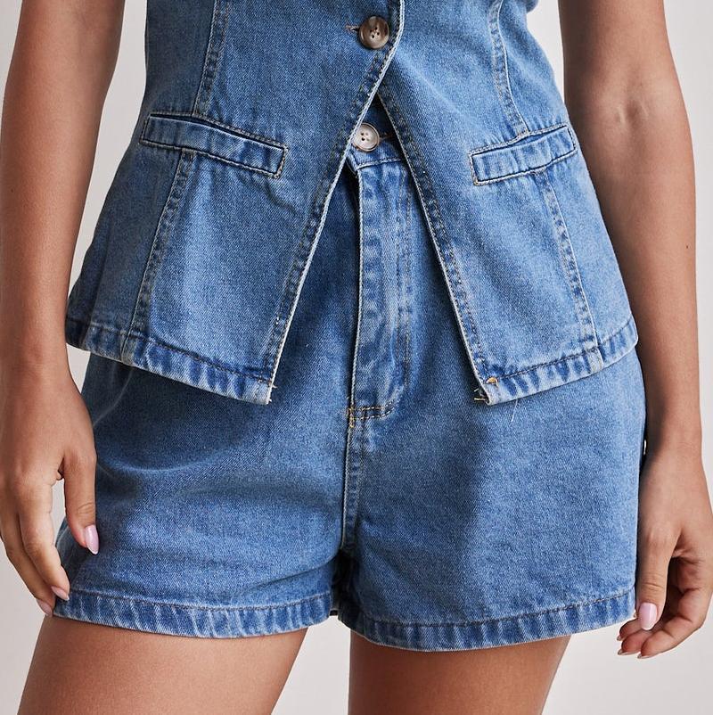 High-Waisted Distressed Denim Shorts Set