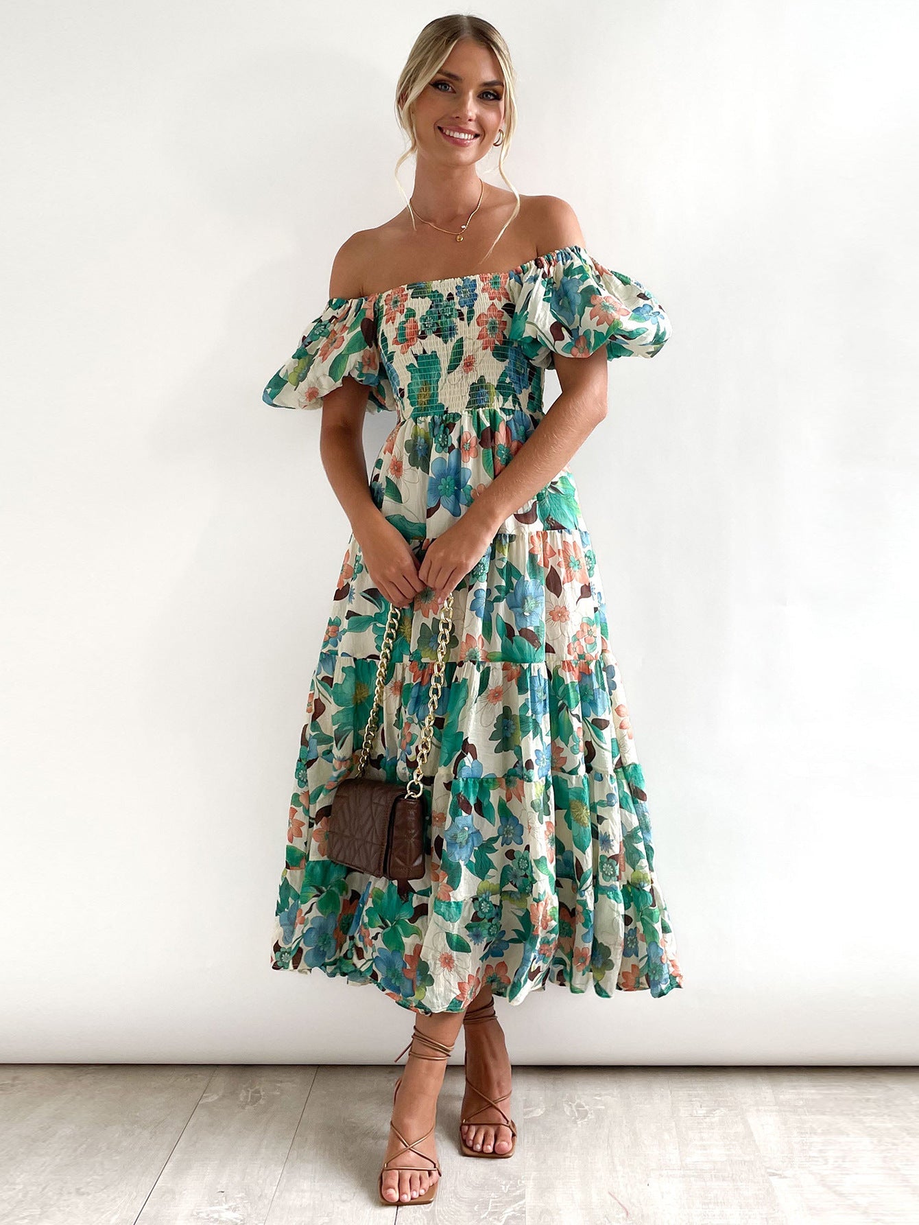 Spring Summer Off-Shoulder Floral Print Puff Sleeve Dress