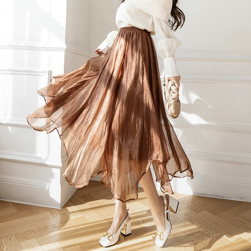 Women's High-Waisted A-Line Mesh Midi Skirt