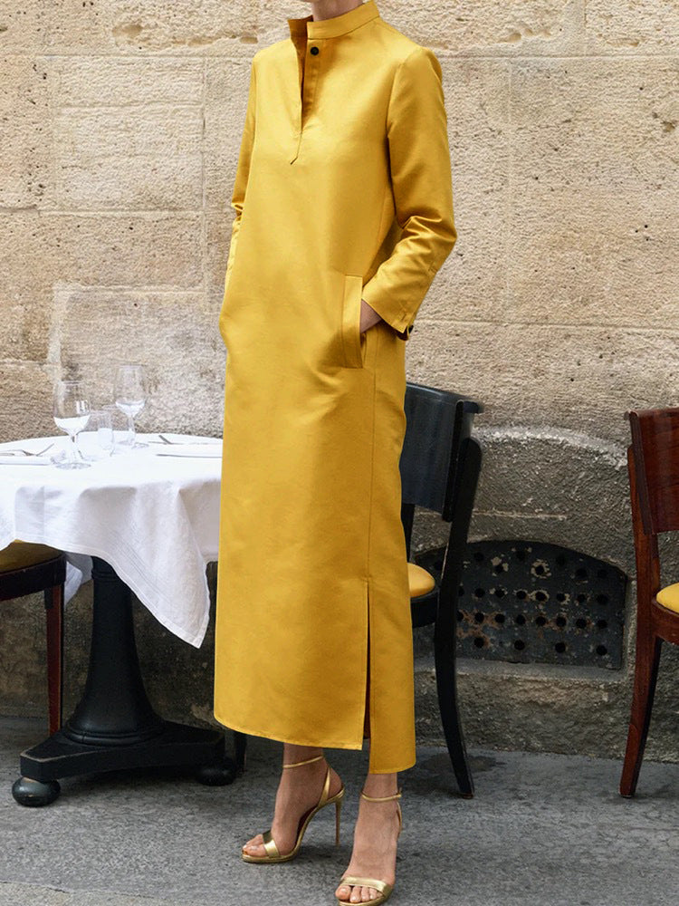 Elegant Solid Color Midi Dress with High Neck, Long Sleeves, and Side Slit