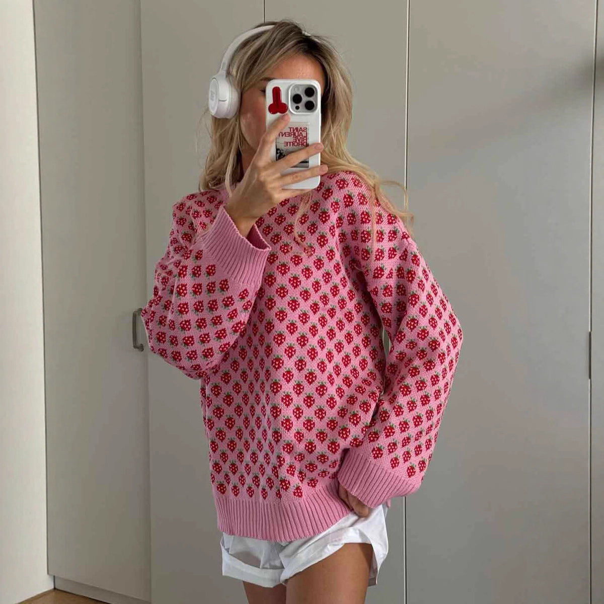 Oversized Strawberry Print Sweater