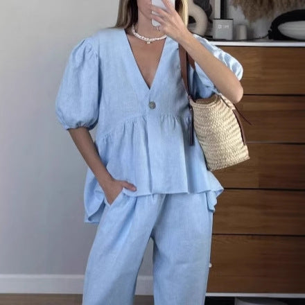 Sweet Solid Color Cotton Set - V-Neck Top & Bubble Sleeve Shorts 2-Piece Outfit