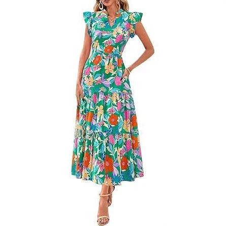 V-Neck Pleated Flying Sleeves Printed Midi Dress