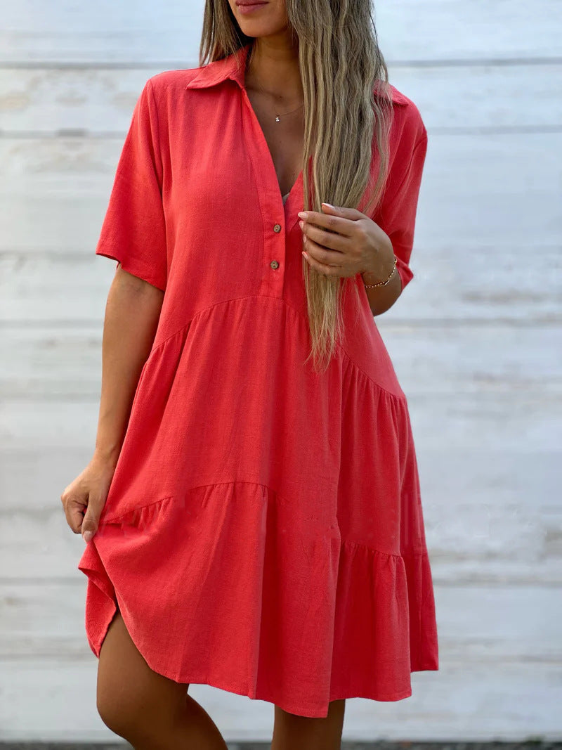 Women's Loose Fit Solid Color Lapel Casual Short Sleeve Linen Blend Dress