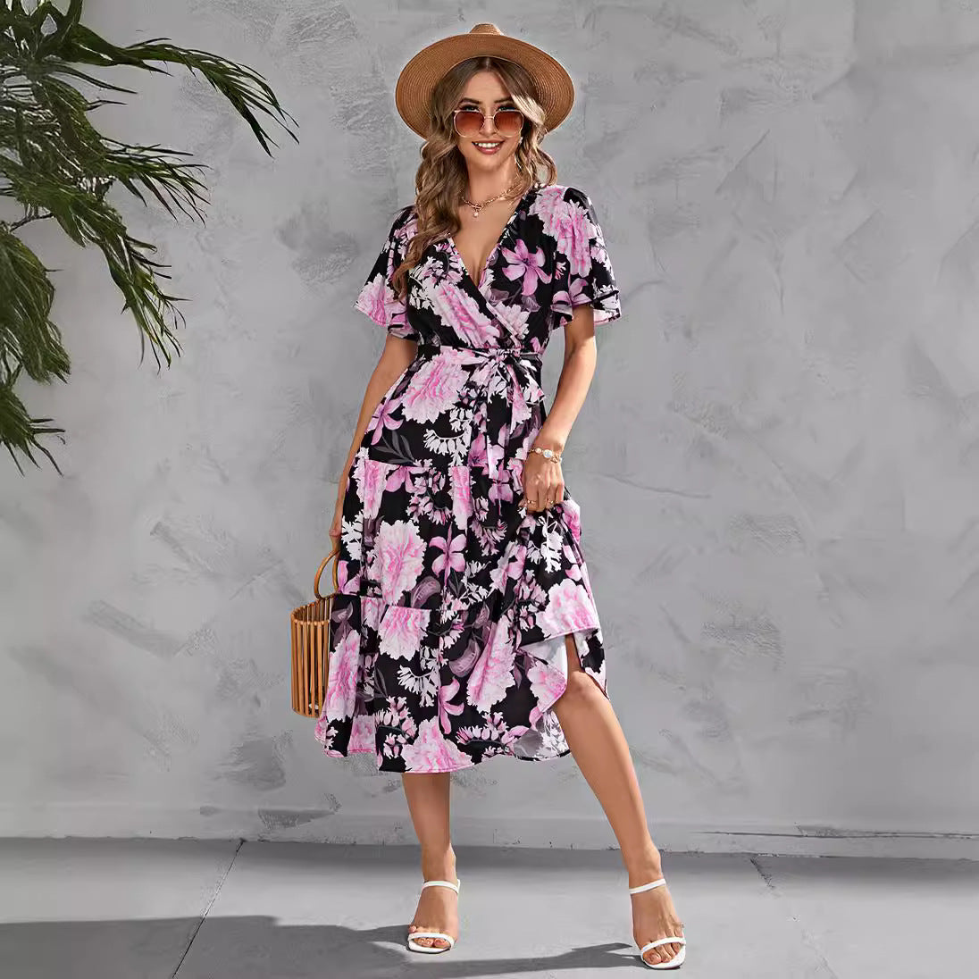 Women's Summer Floral V-Neck Waist-Tie Midi Short Sleeve Dress
